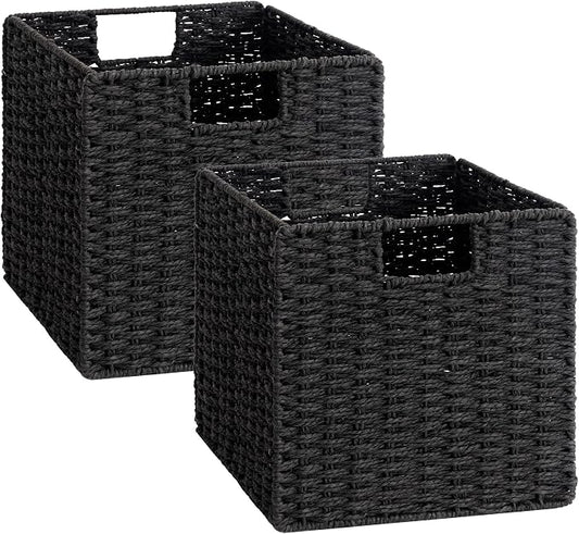 StorageWorks 11 inch Cube Storage Bins, Foldable Wicker Baskets, Black | 2-Pack, Handwoven Storage Cubes with Handles, Paper Rope Baskets for Organizing, Cube Organizer Bins, 11x11 Cube Storage Bins by StorageWorks