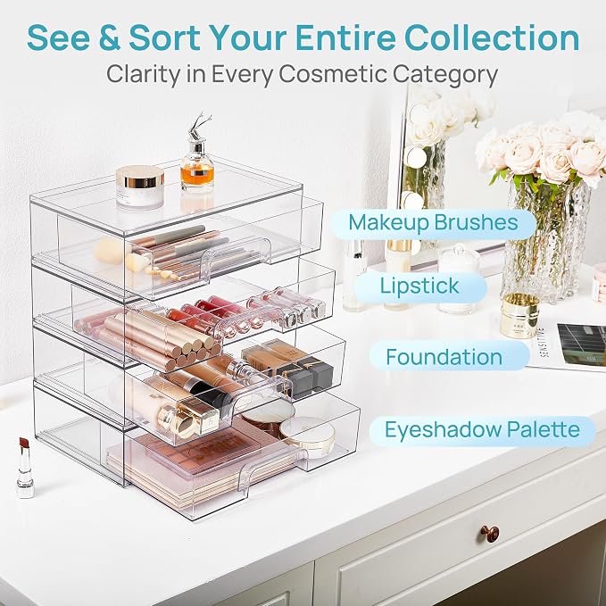 Vtopmart Clear Stackable Storage Drawers, 4 Pack Wide Plastic Organizers | Clear Pull-Out Plastic Drawers, Stackable Design for Makeup Palettes, Cosmetics, Beauty Supplies, Vanity, Cabinet and Desk - Image 5