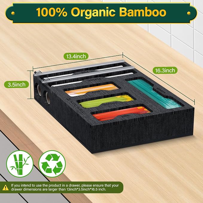 KOCWELL Bag Organizer & Plastic Wrap Dispenser with Cutter, 6 In 1 Bamboo Foil & Plastic Wrap Organizer for Kitchen, Food Storage Bag Organizer - Image 2