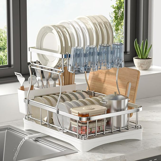 2 Tier Dish Drying Rack,Stainless Steel Dish Rack For Storing Knife Fork Pots&Pans,Dish Drying Rack With Drain Tray For Kitchen Countertops/Sinks,Silver Tiered Dish Rack With Retractable Drain Outlet by Unknown