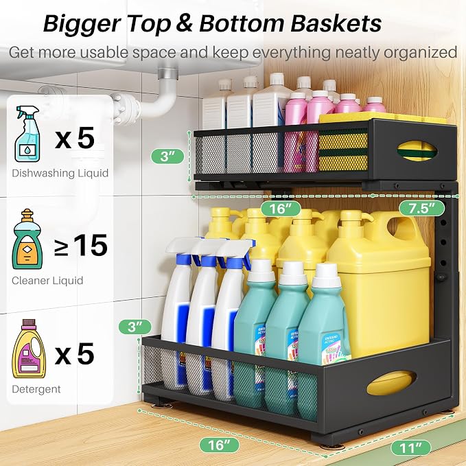 Under Sink Organizer, 2-Pack Pull Out Cabinet Organizer 2 Tier Metal Slide Out Storage Shelf Rack, L-Shaped Adjustable Height,Mesh Sliding Drawer for Kitchen, Bathroom, Laundry, Pantry, Black, XL - Image 3