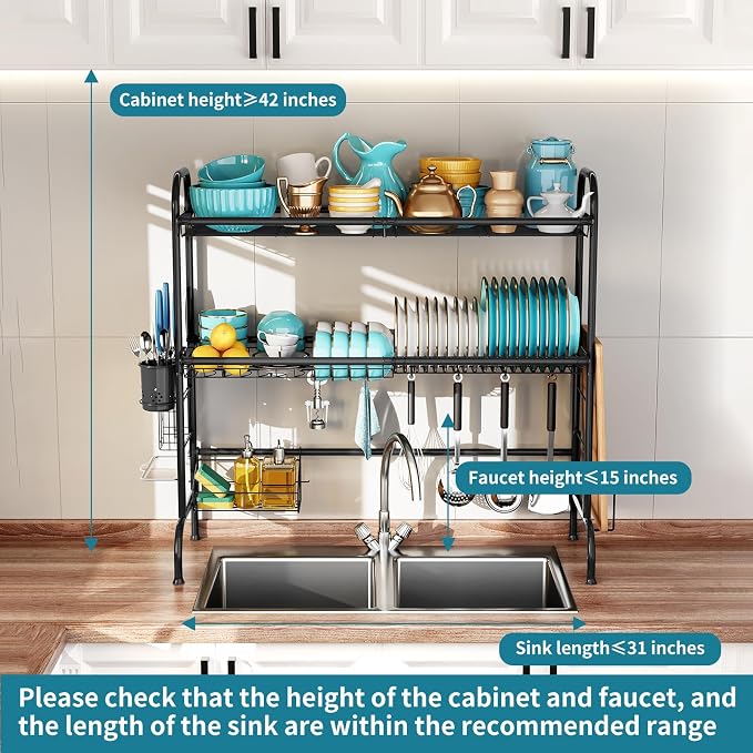 HOWDIA 3-Tier Over The Sink Dish Drying Rack,Stainless Steel Dish Rack | With Cutlery Holder & Chopping Board Rack, 33.9” x 11.4” x 32.3” for Maximum Kitchen Storage, Black - Image 2