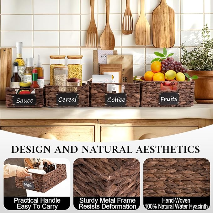 Set of 4 Sizes Hand-Woven Pantry Shelf Baskets, Hyacinth Storage Baskets with Chalkboard Labels & 2 Chalk Markers, Wicker Nestable Basket Set for Organizing Pantry Kitchen Laundry Shelves (Brown) - Image 4