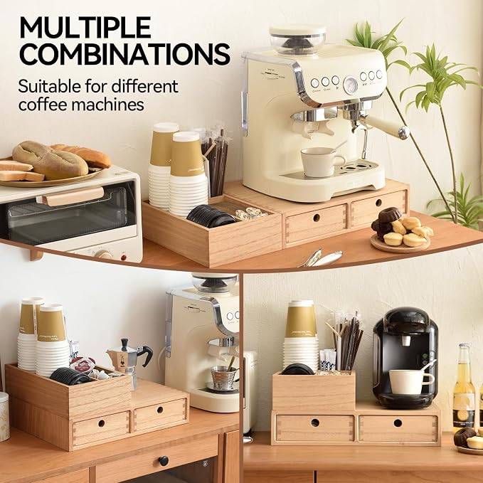 KIRIGEN Wooden Coffee Station Organizer with Drawers, K Cup Holder Natural | 2 Piece Solid Wood Set Storage Box Holds 40+ Pods, Tea Bags, Sugar with Modular Storage for Counters and Coffee Bars - Image 6