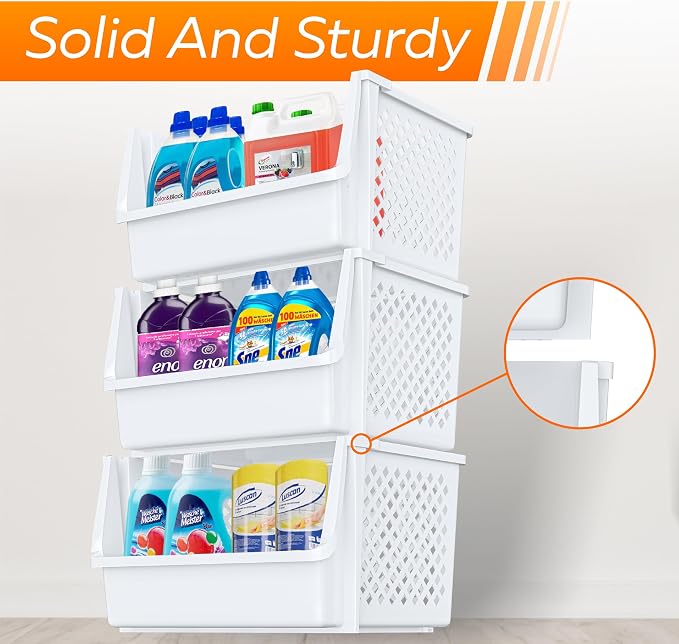 XLarge Stackable Storage Bins Open Front for Pantry Storage, 6 Pack - White | Sturdy Plastic, Easy Stacking, Open Front Access, Ventilated Sides, Vertical & Space Saving Pantry Organizers and Storage Bin - Image 3