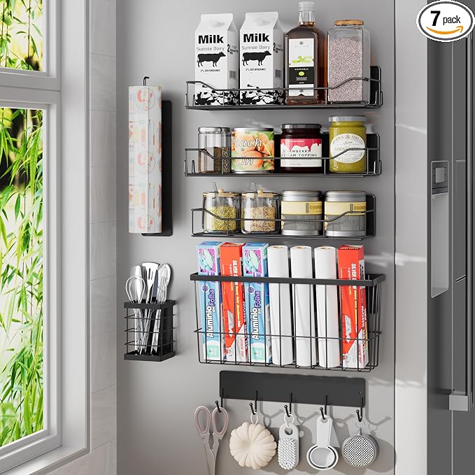 Magnetic Spice Rack for Refrigerator, 7 Pack Magnetic Fridge Shelf for Kitchen Organization Storage, Moveable Spice Organizer W/Paper Towel Holder, Utensil Caddy, Cutting Board Rack (Black) by IYEBAU