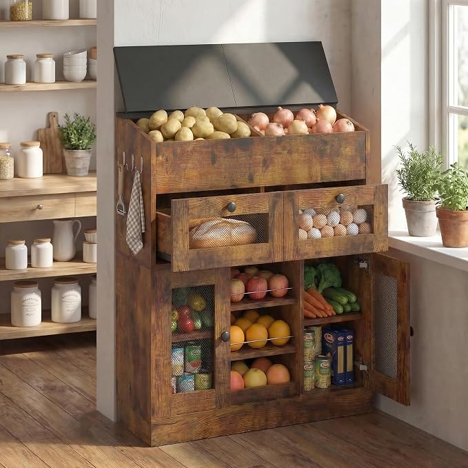 Wooden Potato and Onion Storage Bin with Lid, Potato Bin with 2 Mesh Drawers, 5-Tier Fruit & Vegetable Cabinet with Mesh Doors, Rustic Kitchen Organizer with Adjustable Shelves for Pantry (31.9") - Image 6