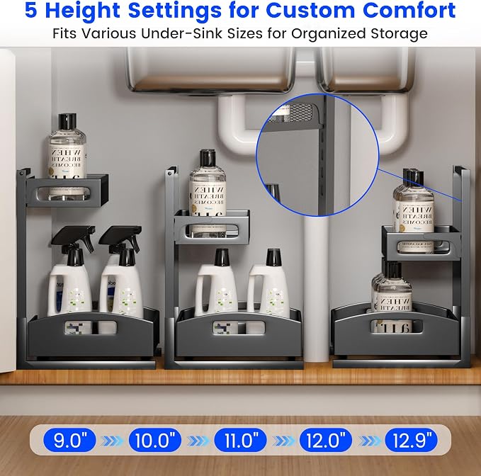 Petiza Under Sink Organizer,2 Pack Height Adjustable Under Sink Organizers and Storage, 2 Tier Under Sink Storage for Kitchen Bathroom Cabinet - Image 5