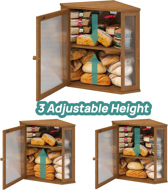 viewcare Corner Bread Box for Kitchen Counter, Bamboo Wood Large Capacity Bread Storage Bin with Acrylic Wavy Door Panel (Brown, Extra Large) - Image 4
