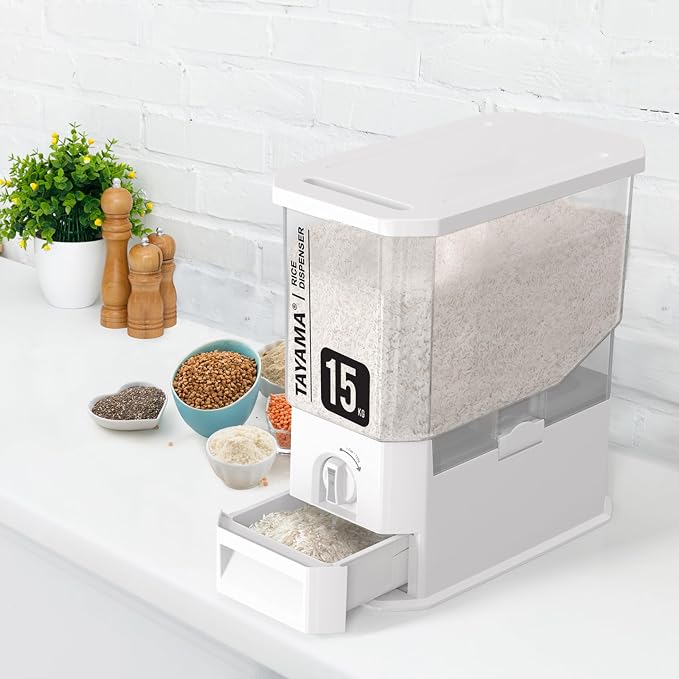 TAYAMA 33 lbs. Capacity Rice Dispenser Grain Storage Container, White - Image 4