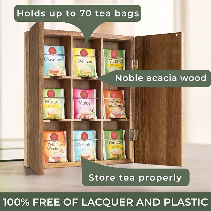 WALDWERK Tea Storage Organizer (9 Compartments) - Tea Organizer Made of Solid Acacia Wood - Tea Box with Wall Mounting Option - Tea Organizer and Storage - Tea Bag Holder - Plastic Free Tea Holder - Image 4