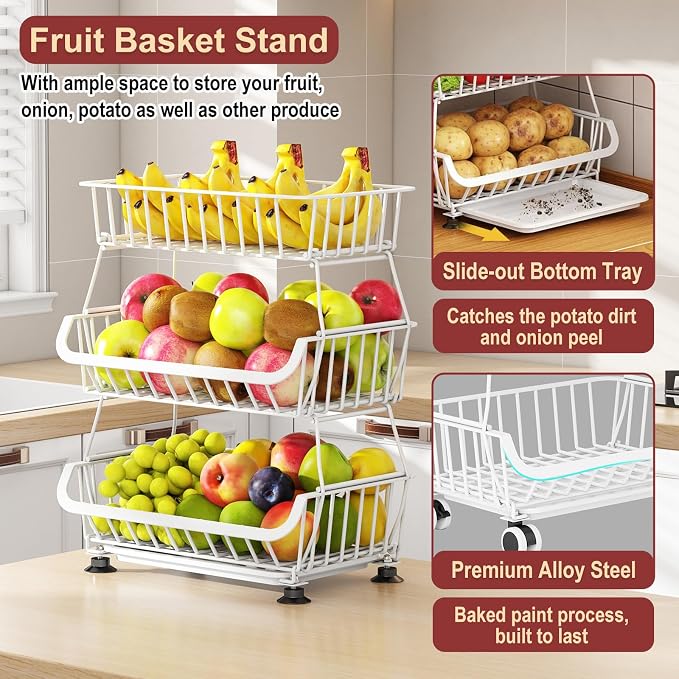 3-Tier Rolling Pantry Cart with Wheels, Stackable Wire Storage Floor Organizer for Kitchen Pantry Snack Shelves, Fruit Basket Stand, Vegetable Storage Rack for Food Snacks Onion Potato, White - Image 6