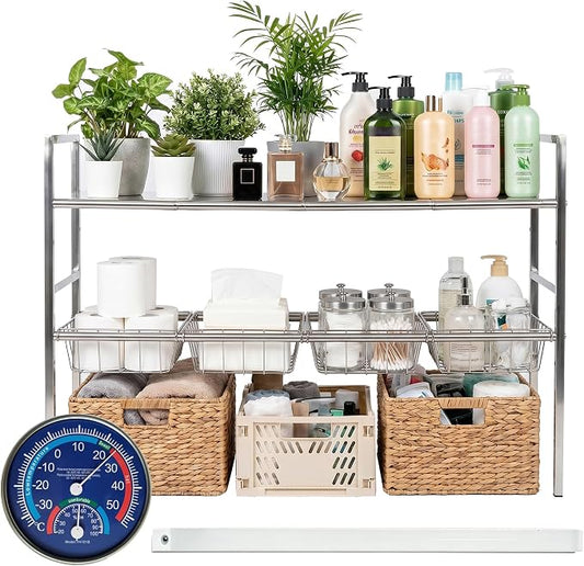Under-Sink Organizer 2-Tier Expandable Cabinet Storage (4 panels 4 baskets) | LED Motion-Sensing Auxiliary Lighting Dial Thermometer Stainless Steel Telescopic & Adjustable Rust-Resistant by Unknown