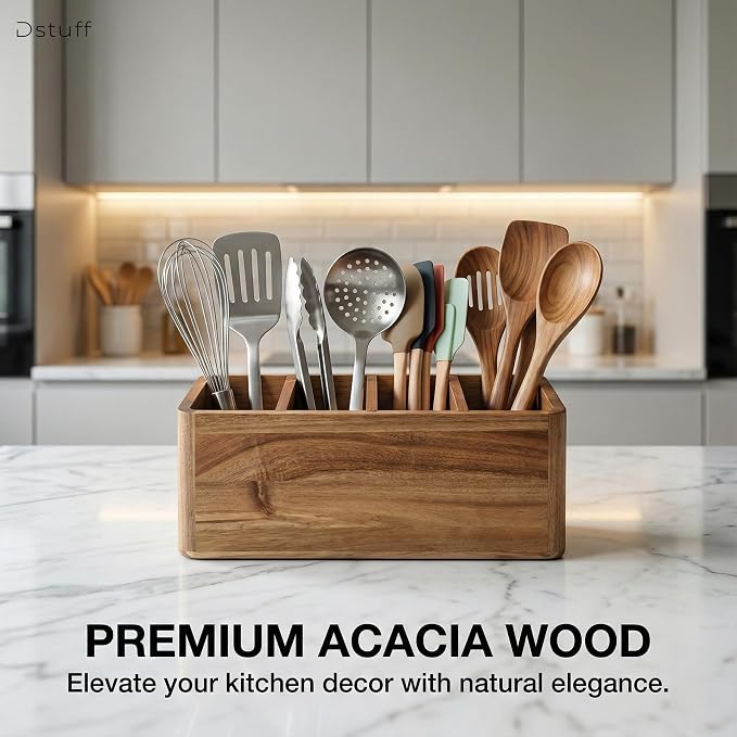 Dstuff Large Kitchen Utensil Holder Organizer for Counter or Countertop, Wooden Storage Container for Cooking and Silverware, Acacia Rustic Wood (4 Compartments) - Image 3