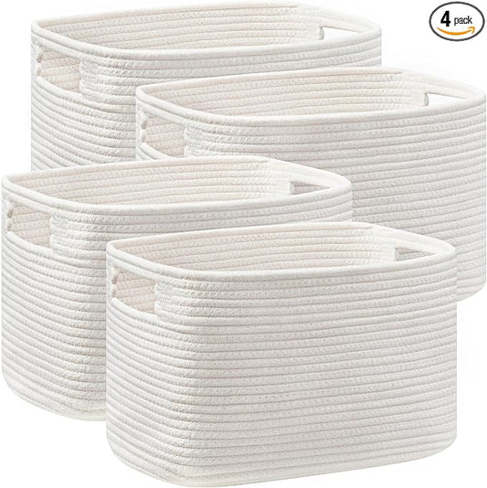 4 Pack Storage Baskets for Organizing, Shelf Baskets with Handles, White | 14.5"Lx9.8"Wx9"H, Woven Basket, Cotton Rope Basket, Toy Storage, Cube Shelf, Gift Baskets Empty, Home Decor by UBBCARE