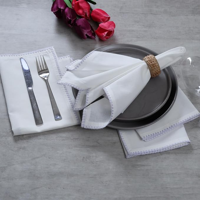 Bedding Craft Cotton Cloth Dinner Napkins Set of 12 – 18x18 Lavender Blue Napkins with Colored Edge Embroidery – Washable Fabric Napkins for Wedding Table Décor, Restaurants, Events & Everyday Dining - Image 2