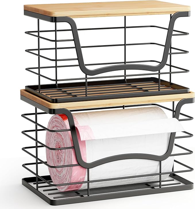 ALOCEO 2 Pack Stackable Wire Storage Basket with Bamboo Lid, Stainless Steel Extra Large Trash Bag Dispenser Roll Holder for Kitchen Sink, Laundry, Pantry Organizer and Storage, Black - Image 5