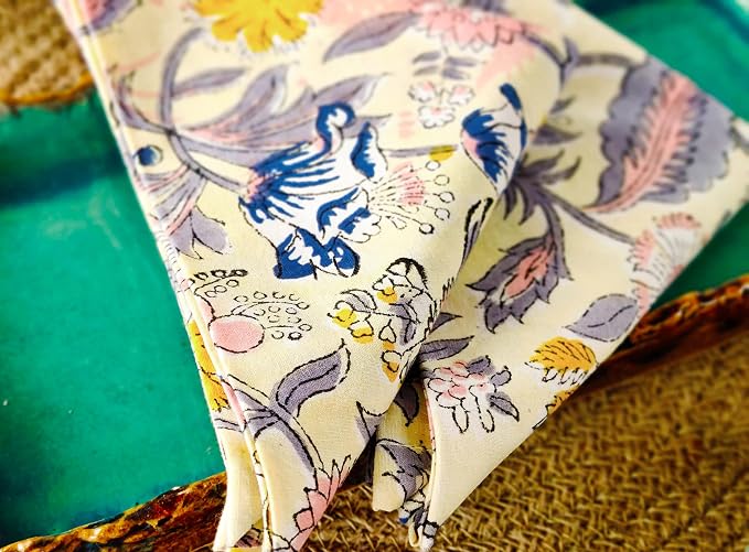 AVKA Studio Cotton Print Dinner Napkins 18x18 inches - Washable Cloth Napkins Set of 12 - Everyday Use or Dinner Party and Events - Light Yellow Indian Block Printed Fabric - Image 4