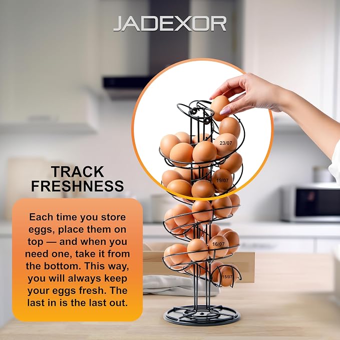 Egg Holder – Black Metal Spiral Egg Skelter with 360° Free-Rotating Spiral, Wide Stable Base, Countertop Egg Organizer - Image 8