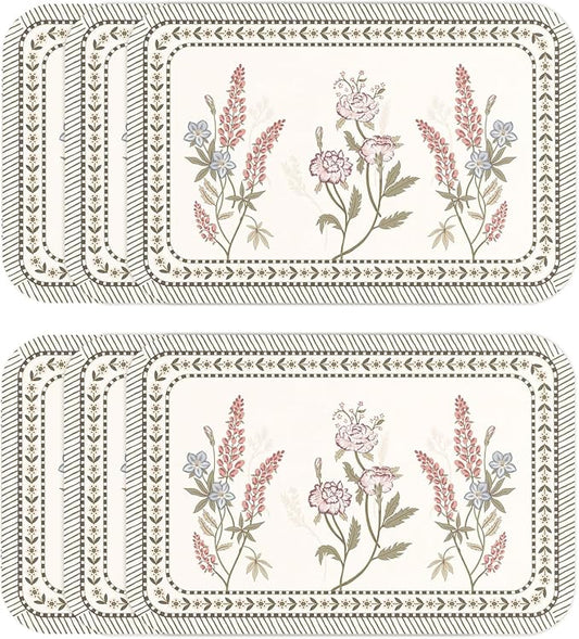 Vinyl Waterproof Placemats Set of 6 Rectangular,12"*17"-Helena C | Wipeable Beautiful Print Place Mats,Stain Resistant,Heat Resistant,Everyday Meals,Kitchen,Dinning,Holiday,Decor by Isaennehomedecoration