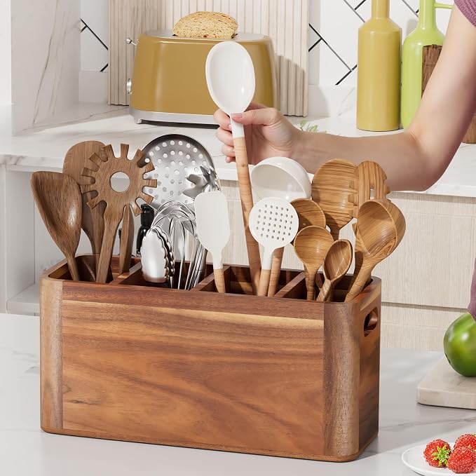 ZUJJAFY Utensil Holder, Acacia Wood Kitchen Utensil Holder for Counter with 4 Compartments, Extra Large Wooden Kitchen Utensils Organizer for Countertop Cooking Spatula Storage - Image 5