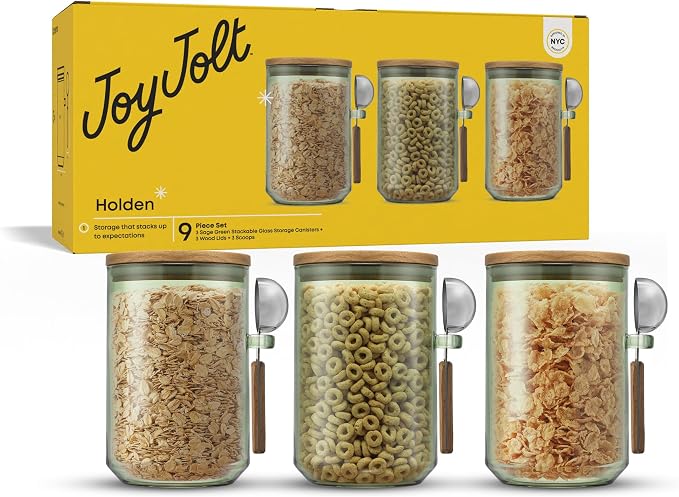JoyJolt Holden 32oz Stackable Glass Storage Containers with Lids and Scoops, Airtight Food Canister Set of 3 w/Acacia Wood Lids, Round Stacking Pantry and Kitchen Containers w/Scoop | Sage Green - Image 9