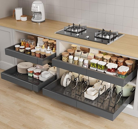 Seinloes 4 Pack Pull out Cabinet Organizer 21" Deep With Raising Pad for Framed Cabinets,Expandable (15.2"-26.3"W) Slide out Drawers for Kitchen Cabinets with 4pcs Divider Racks,Roll out Shelves,Black by Seinloes