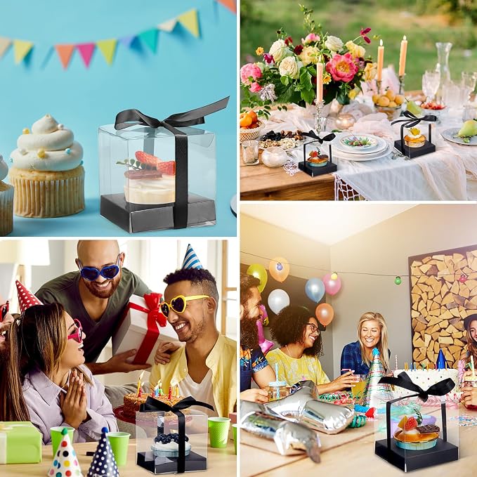 96 Pieces Individual Cupcake Boxes Single Cupcake Container Clear Cupcake Carrier Plastic Cupcake Storage Cupcake Holder with Ribbon and Insert for Wedding Birthday Party Favor, 3.5 x 3.5 x 3.5(Black) - Image 6