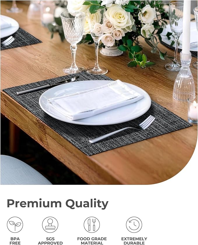 Leetaltree Black and Grey Woven Placemats Set of 4 - Heat Resistant Non-Slip Place mats for Dining Table, Washable Durable PVC Vinyl Woven Table Mats(Black & Grey, 4) - Image 7
