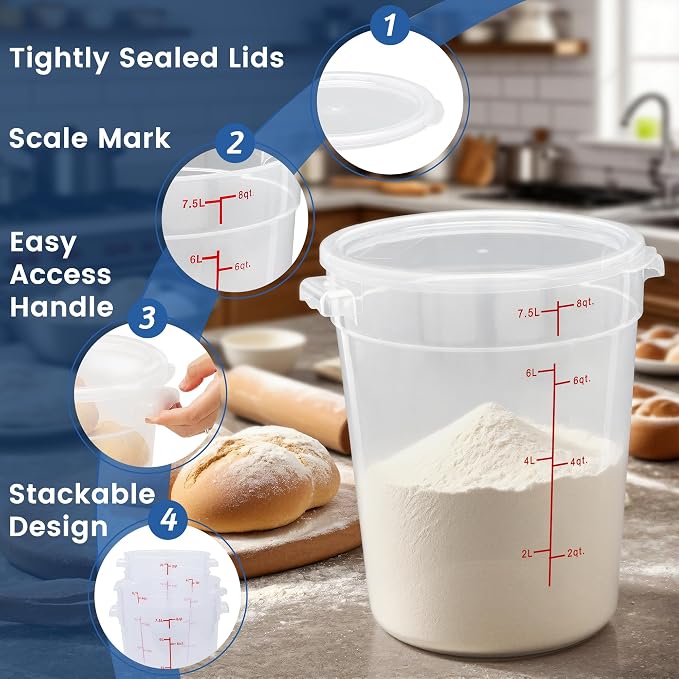 4 Pack 8QT Round Food Storage Containers with Lids | NSF, BPA-free PP containers with scale, label and measuring cup, stackable for prep, storage, freezer. Dishwasher safe - Image 5