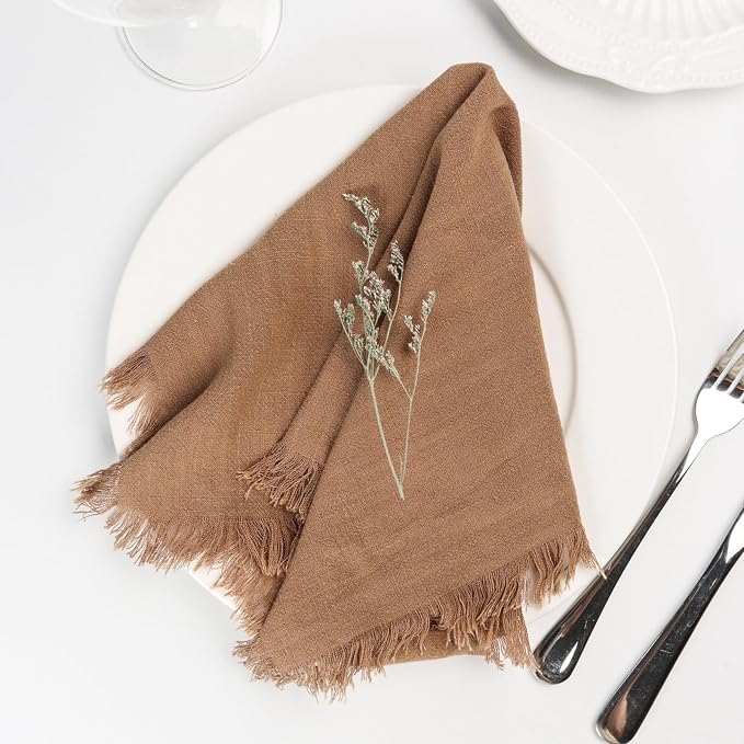 Handmade Cloth Napkins with Fringe,18 x 18 Inches Cotton Linen Napkins Set of 6 Versatile Handmade Square Rustic Fringe Napkins for Dinner, Wedding and Parties, Taupe - Image 4