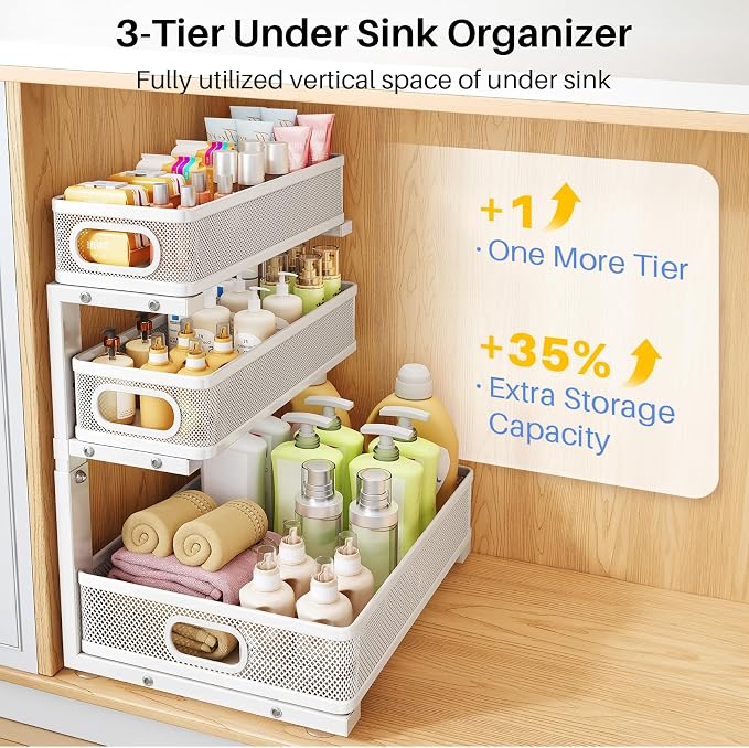 Under Sink Organizer, 3-Tier Thickened Metal Pull out Cabinet Organizer Shelf, Height Adjustable Slide out Storage Drawer Rack for Kitchen Bathroom Pantry Laundry Home Organization, 1-Pack, White | 35% Extra Storage Capacity, Carbon Steel, Hold Up 55lb... - Image 3
