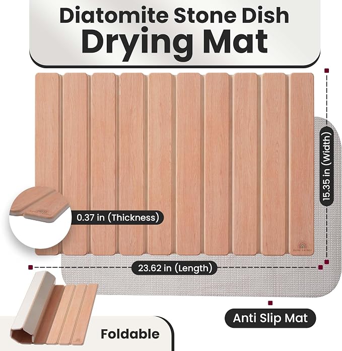 Large Stone Dish Drying Mat For Kitchen Counter | Non-Slip, Super Absorbent Diatomaceous Dish Dry Matt | Rollable Stone Drying Mat For Kitchen Counter, Heat-Resistant, Easy to Clean, Light Oak Color - Image 2