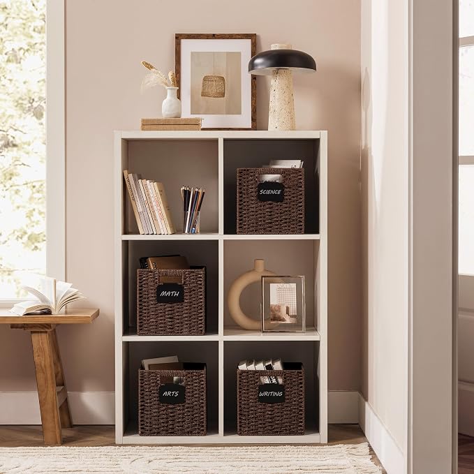 UBBCARE 4 Pack Small Wicker Basket, 9×9 Storage Cubes with Label, Foldable Cube Storage Bin with Handle, Square Storage Basket for Shelves, Woven Paper Rope Basket for Organizing, Dark Brown - Image 5