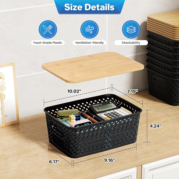 Anysig 8 Pack Plastic Storage Bins with Bamboo Lids, 5.2 QT Stackable Bins | Decorative Small Storage Basket Containers for Organizing Shelves Office Classroom Desktop Closet, Black - Image 2