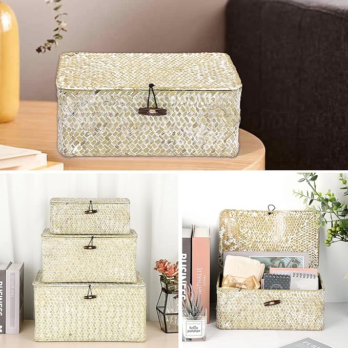 Hipiwe Small Woven Wicker Shelf Basket Bin with Lid Natural Seagrass Basket | Basket Storage Boxes for Shelf, Multipurpose Home Organizer Bins for Closet Bedroom Living Room Home Decor, Whitewash - Image 5