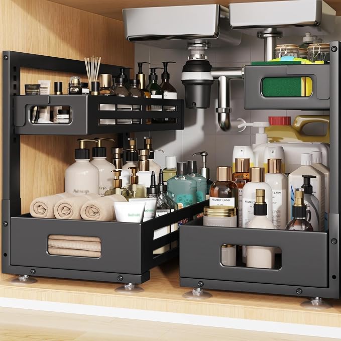 2 Pack 19IN-Depth Under Sink Organizer,Pull Out Cabinet Organizer With Smooth Cylindrical Rail,Metal Slide Out Drawer for Kitchen Bathroom Laundry,8-Level Tool Free Height Adjustable-Black by UnderSinkOrganizer