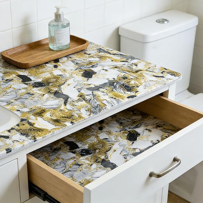 Drawer and Shelf Liner - Yellow Black Marble Pattern,Non Adhesive | Non Slip Waterproof Easy-Clean Liner for Kitchen Cabinet, Refrigerator, Bathroom, Pantry Storage Drawers, 17 in x 20 Ft - Image 8
