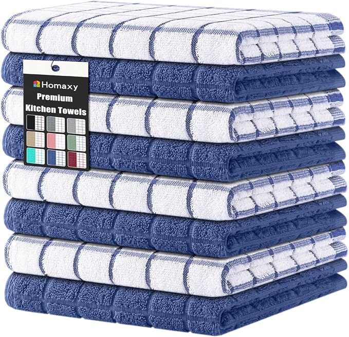 Homaxy Premium Cotton Kitchen Dish Cloths 12"x 12", 8 Pack, Navy Blue | Natural Ring Spun 390 GSM Dish Rags, Super Absorbent Terry Dish Towels, Soft Dishcloths with Hanging Loop by Homaxy