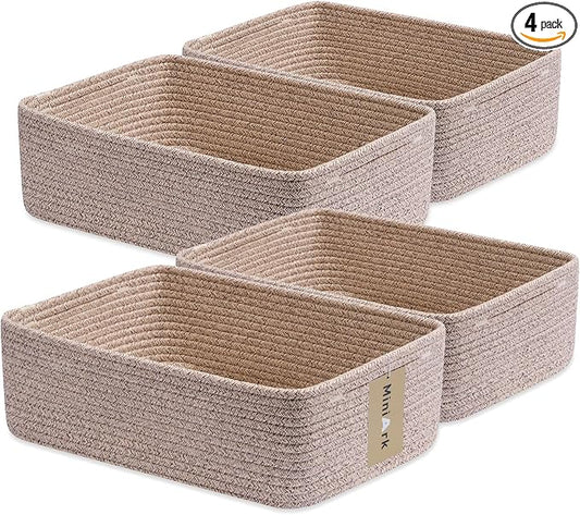 MiniArk Large Shallow Organizing Baskets 15x11x5.1 Inches - Rope Woven Storage Bins for Bathroom, Shelves, Cube Closet, Mixed Brown 4 Packs by MiniArkStorageBasketsHome