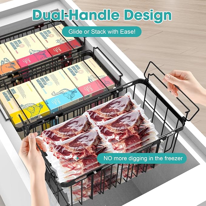 Freezer Organizer Bins, 2 Pack Expandable Stackable Chest Freezer Containers with Hanging Handles, Adjustable From 14.6" to 24.8" Storage Baskets for Fridge, Deep Freezer, Cabinet, Kitchen, Pantry - Image 2