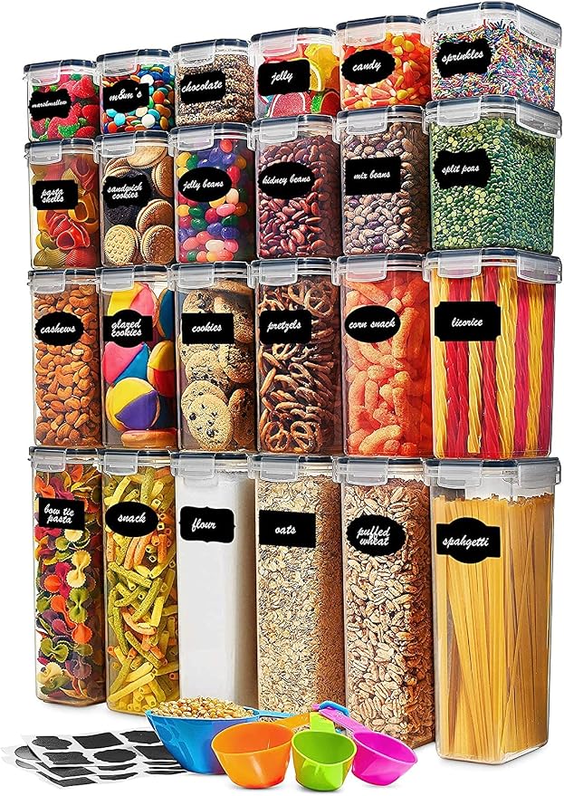 24 Pack Airtight Food Storage Container Set - BPA Free Clear Plastic Kitchen and Pantry Organization Canisters with Durable Lids for Cereal, Dry Food Flour & Sugar - Labels, Marker & Spoon Set by Seseno