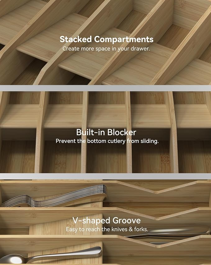Utensil Drawer Organizer for Silverware,Bamboo 10 Slot | V-Groove & Anti-Slip Blocks, Vertical Storage,16" D x 12.3" W x 2.25" H, Cutlery Holder Dividers for Spoons Forks Knives - Image 4