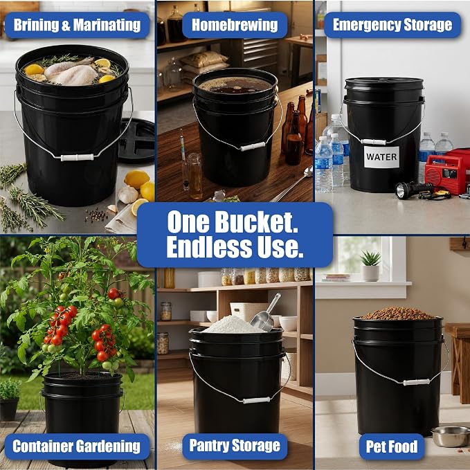 5 Gallon Bucket - Food Grade w/Lid BPA-Free, 3 Pack - Black | Airtight Gasketed Tear Strip Lid, Heavy-Duty 90 Mil HDPE Plastic Pail, Bulk Storage, Food Safe Durable Container, Made in USA - Image 3