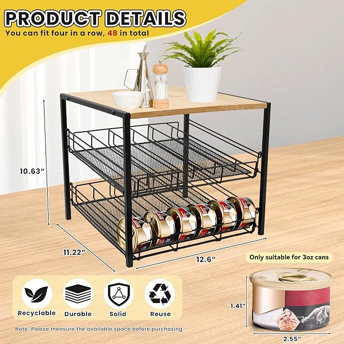 Bamboo & Iron Cat Food Organizer, 2-Tier Stackable Rack Holds 48 Cans 3oz | FIFO auto slide-down,Flat top storage, Organizes pantry & pet food cans - Image 2