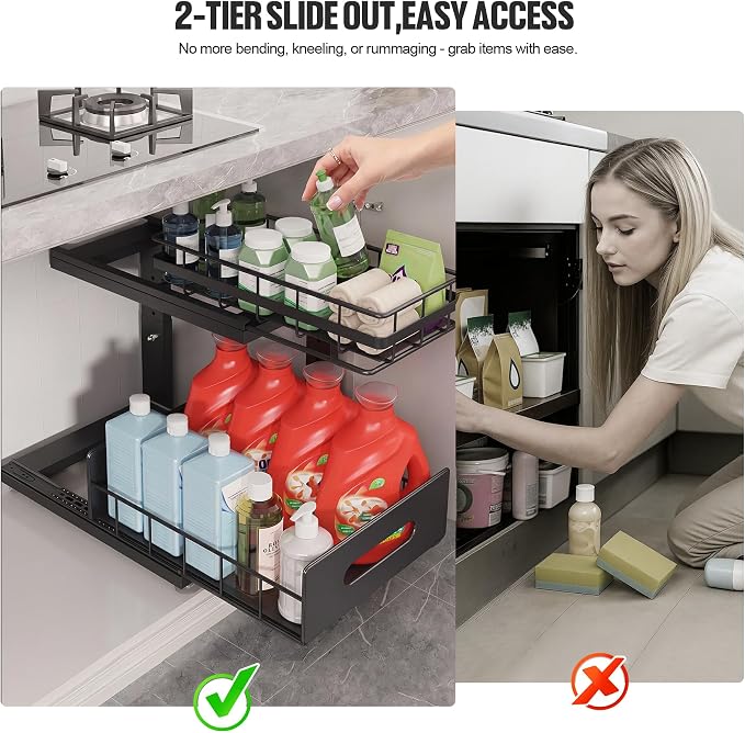Under Sink Organizer Upgrade To Professional Rails,2-Tier Dual Pull Out Cabinet Storage,Height Adjustable Slide Out Drawers For Bathroom Kitchen,2 Pack-14.5" Dx12.8-16.9" H,Black - Image 4