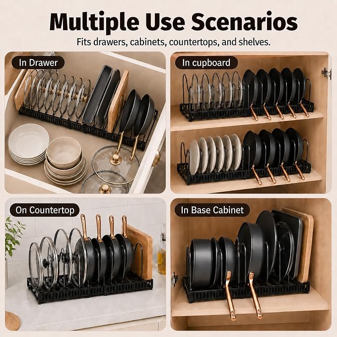 Pots and Pans Organizer Rack,Expandable Pot Lid Holder for Kitchen Cabinet | 11.81''-22.85'' Metal Rack with 12 Adjustable Dividers,Multifunctional Organizer for Cookware Bakeware Cutting Board Storage - Image 6