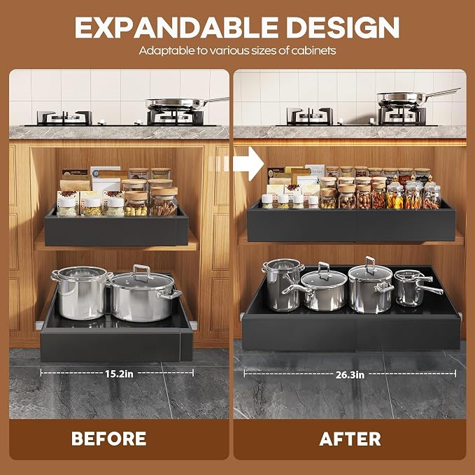 Seinloes 4 Pack Expandable Width (15.15"-26.3") Pull Out Cabinet Organizer 21" Deep with Raising Pad for Framed Cabinets, Upgrade 3 Slide Rails Slide Out Drawers, Roll Out Shelves Adhesive, Black - Image 3