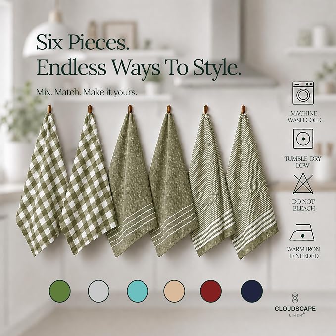 CSL Premium Kitchen Towels Set of 6,Highly Absorbent,Quick Dry,18x28,Green - Image 3