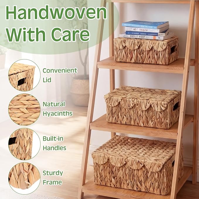 3 Pcs Large Wicker Storage Baskets with Lids 16" 14" 12" Scalloped Wicker Edge Basket Rattan Storage Rectangle Box Large Water Hyacinth Bins with Built in Handles for Living Room, Nursery - Image 5